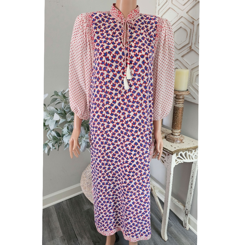 Vintage 70's-80's Diane Freis Red Blue Floral Puff Sleeve Tunic Dress